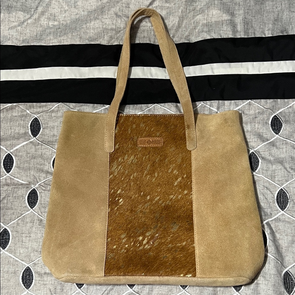 JANE MARIE cow hair on tan suede leather gold foil tote
